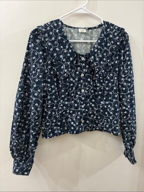 Wilfred Aritzia Women's Navy Floral Blouse - XS - 100% cotton - collar